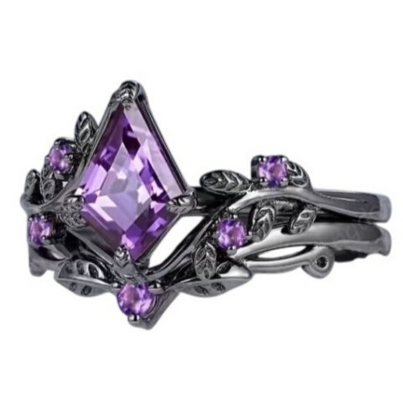 Rhombus Cut Purple Natural Amethyst Engagement Wedding Ring Set in Rhodium - Picture 6 of 7